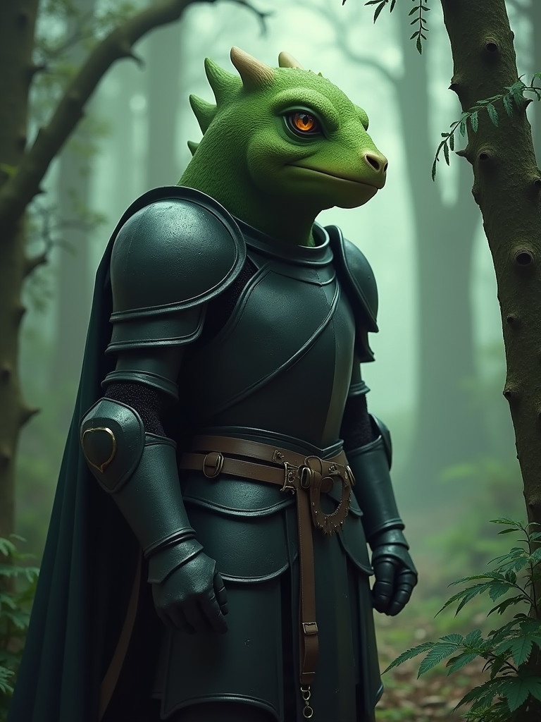 Character appears in a fantasy setting. Knight wears black armor. Head resembles a friendly green monster. The forest looks mysterious and foggy. The creature's expression is gentle. Background includes trees and soft lighting.