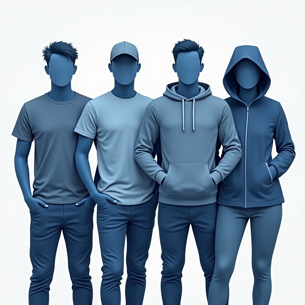 Four male figures in blue tones. Each man wears specific clothing. One wears a grey T-shirt. Another has a T-shirt and a baseball cap. A third figure wears a grey hoodie. The last man is dressed in a raincoat. All figures are faceless.