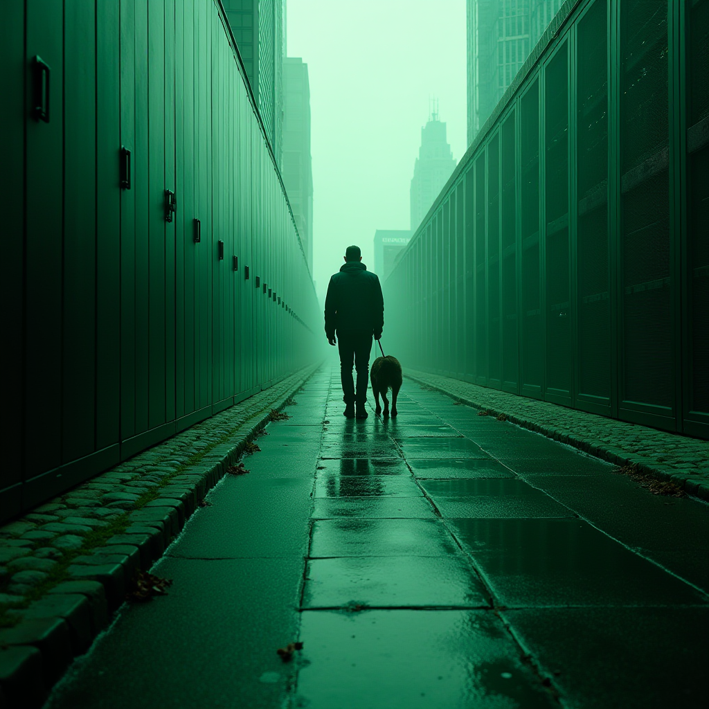 A silhouette of a person walking a dog down a symmetrical, green-hued alley on a misty day.