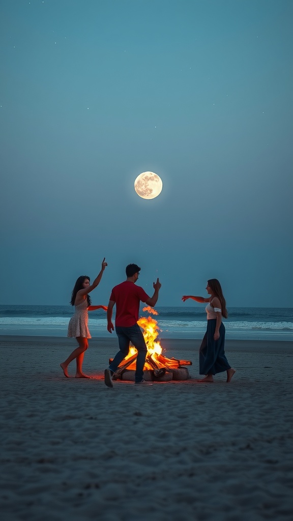 The image depicts a serene scene of three people dancing around a bonfire on a beach under the light of a full moon. The deep blue sky is dotted with stars, creating a tranquil atmosphere. The flames of the bonfire contrast brightly against the dark sand, adding warmth to the cool-toned evening setting.