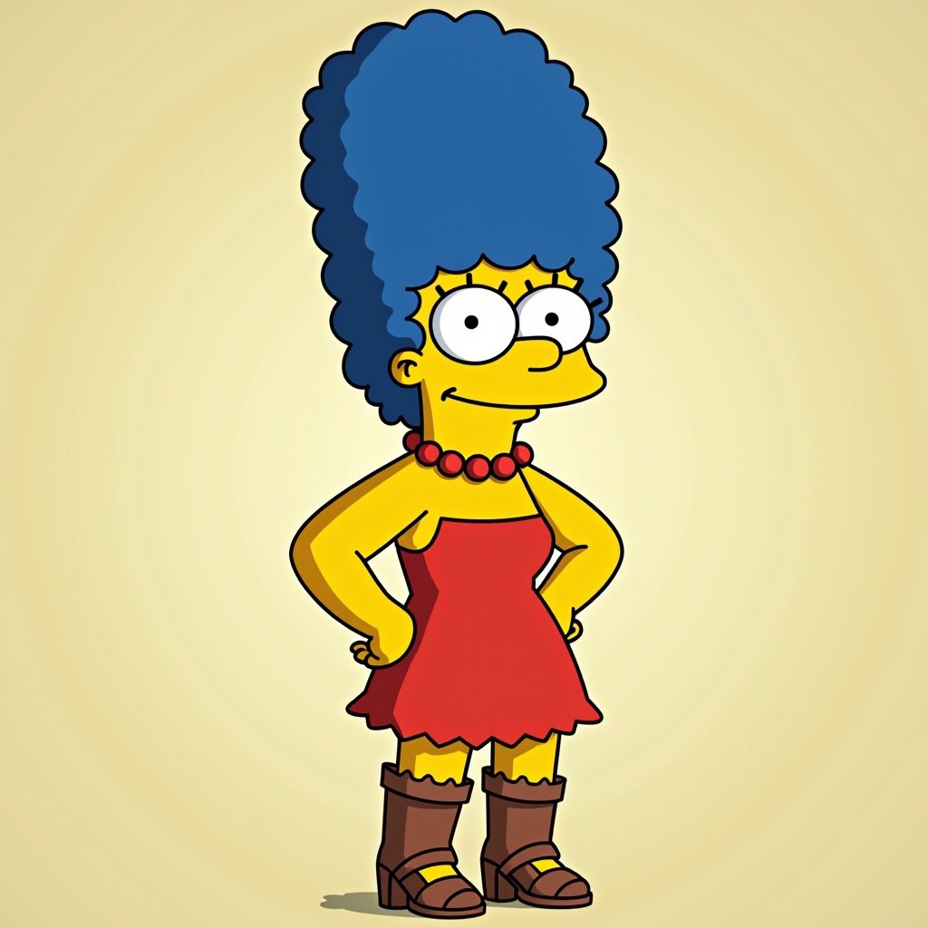 Image features Marge Simpson. Character has blue hair in tall style. She wears a red minidress. Her footwear is high brown sandals. Simple standing pose with hands on hips. Background is light beige.