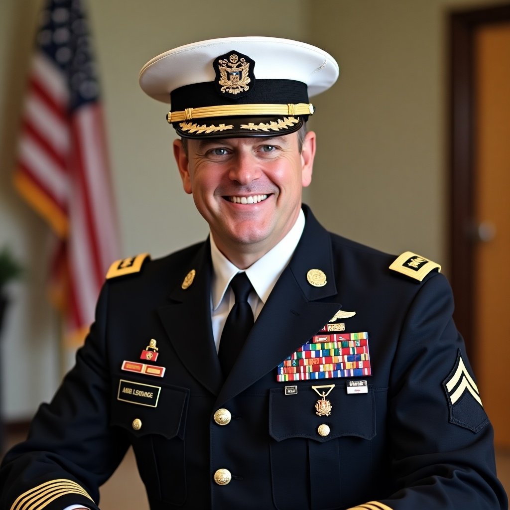 Image of a military officer in a formal setting. Individual wears a decorated uniform, sitting with the American flag in the background. Focus on recognition and professionalism.