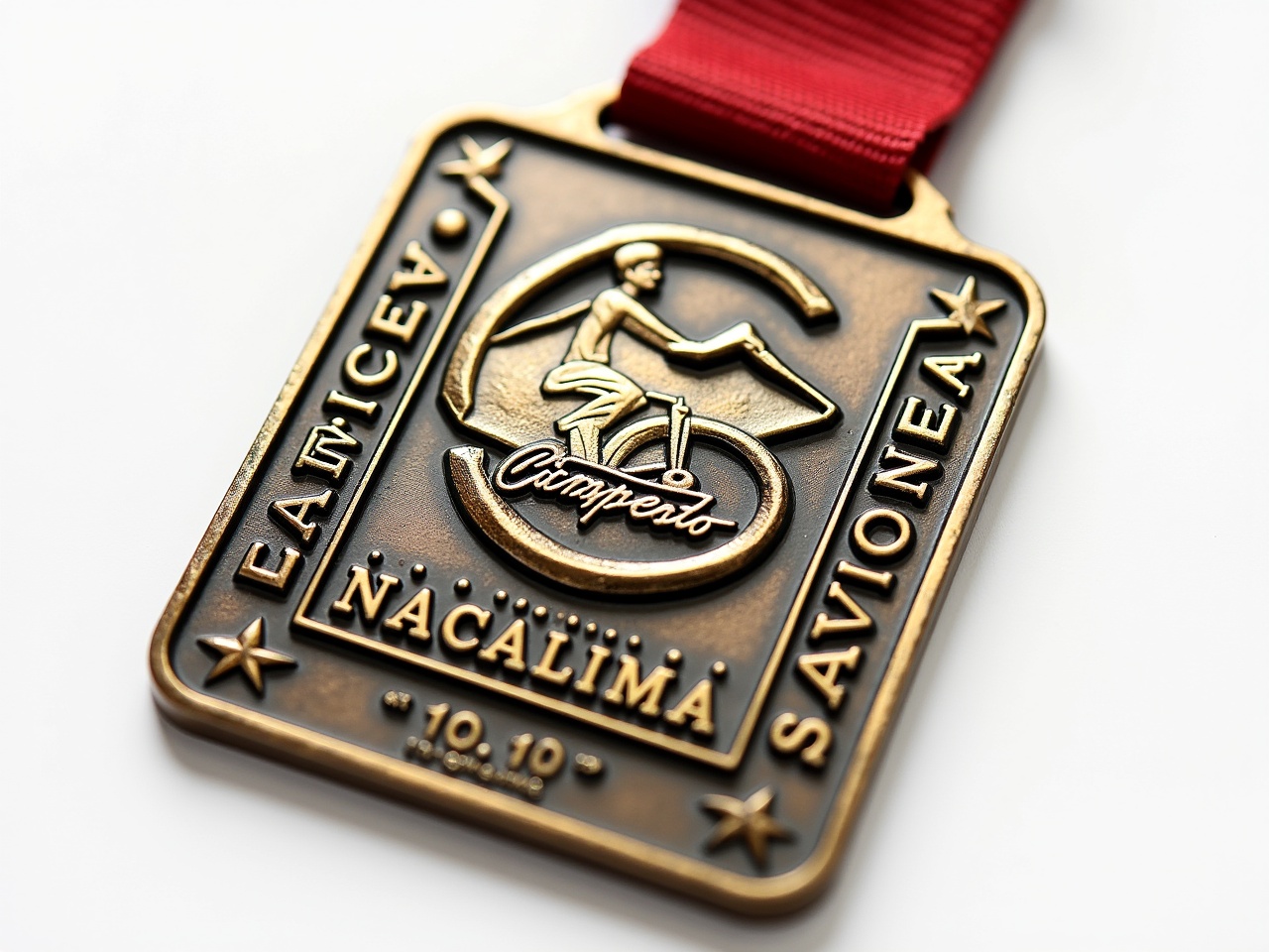 The image showcases a bronze medal, prominently featuring a cyclist in the center. The medal is adorned with the text 'Campeón' and details in relief that add a textured appearance. A red ribbon is attached, indicating it's meant to be worn. This type of medal is typically awarded for sports competitions, highlighting accomplishments in cycling events. The composition captures the essence of victory and dedication, making it a perfect representation of sportsmanship.