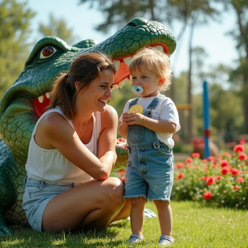 Mother interacts joyfully with child at park. Child fits into mouth of alligator sculpture. Child holds oversized pacifier. Bright sunny day in vibrant outdoor setting.