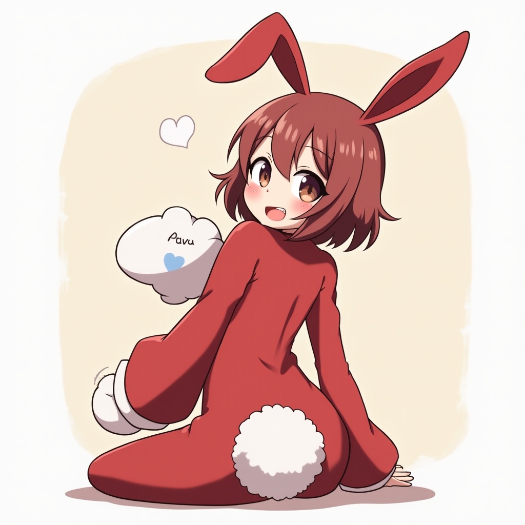 Anime-style character is dressed in red with bunny ears. Character has mitts. Poses playfully with a big backside.