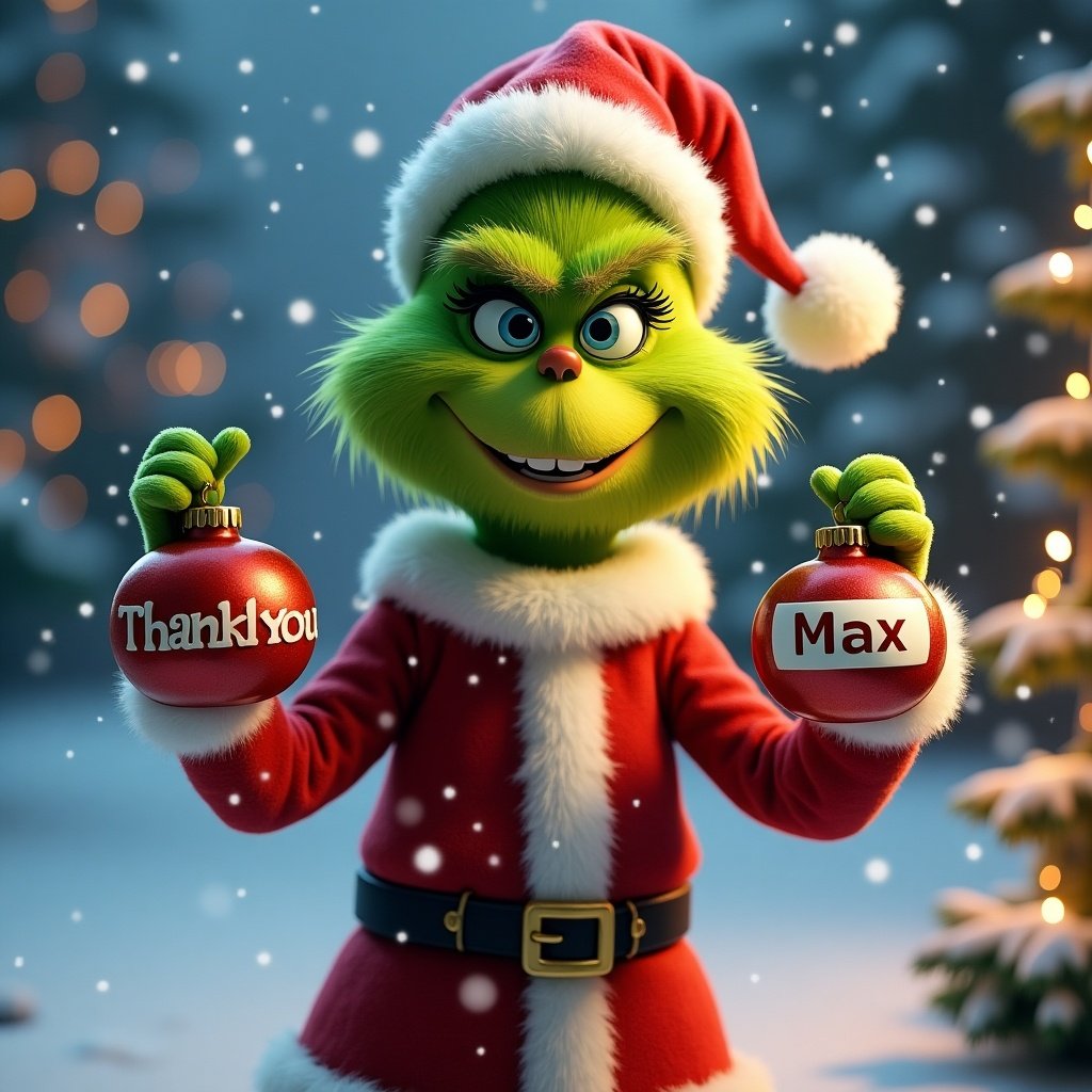 Grinch character wearing red Santa suit. Grinch holds two Christmas ornaments. One ornament says Thank you. Other ornament says Max. Background features snowy scene with Christmas trees and lights.