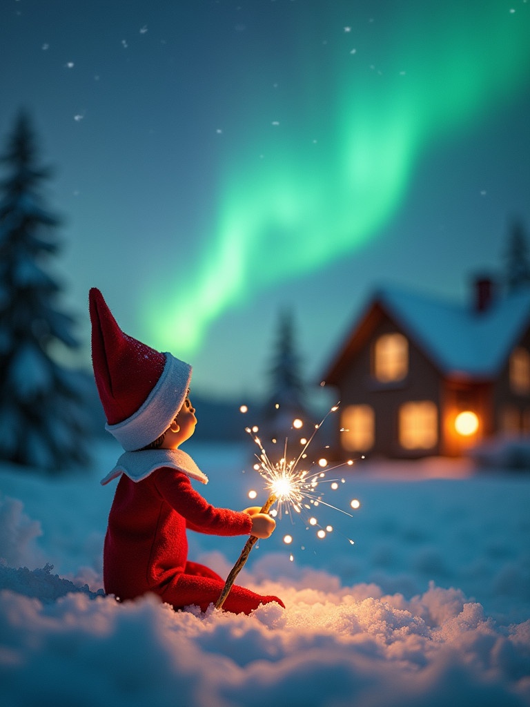 Elf sits on snow with back to viewer. Gaze upward at glowing northern lights. Sparkling wand in hand. Cozy house in the distance. Snow covers the ground. Magical scene embodies Christmas spirit. Name text appears from wand.