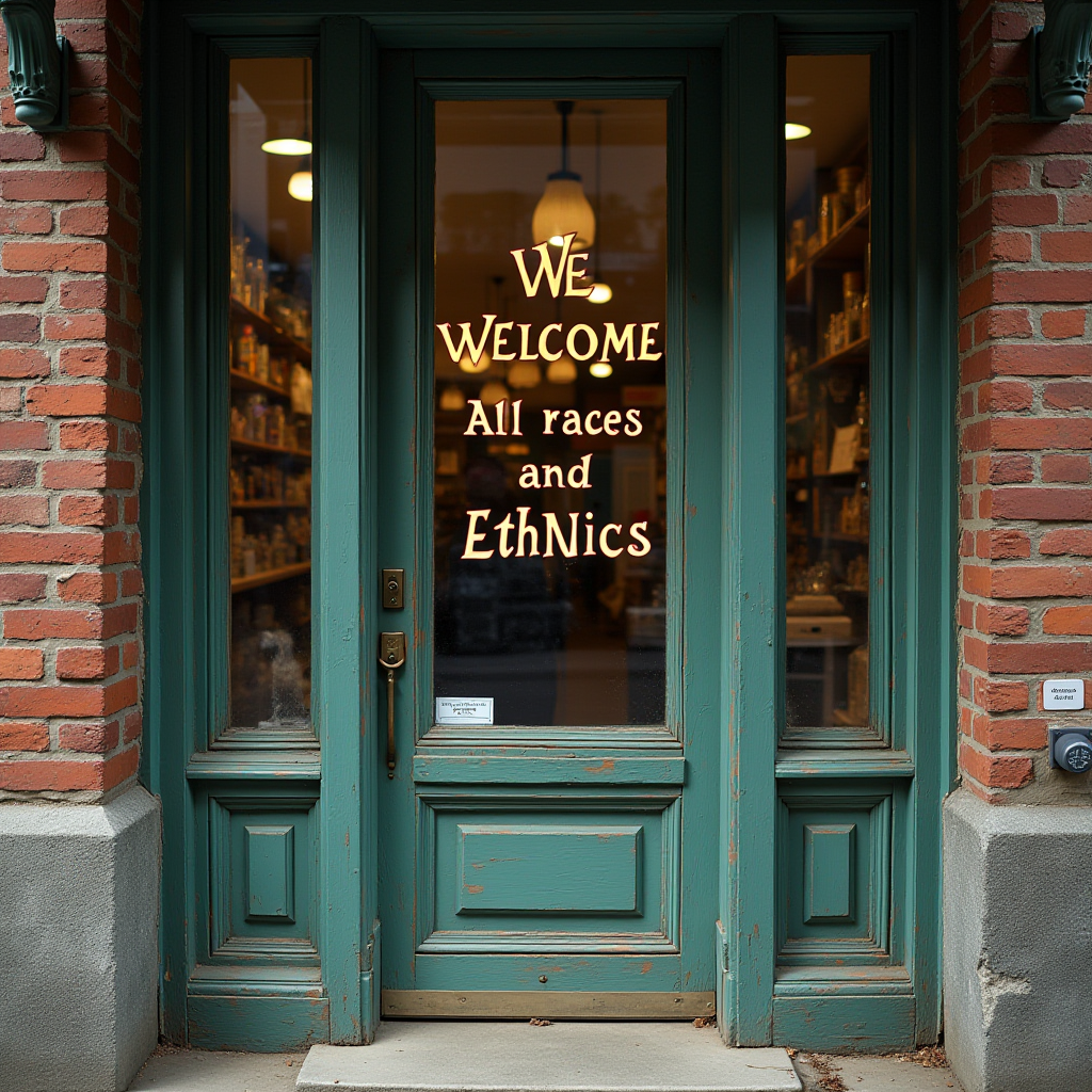 A store entrance featuring a welcoming sign with a misspelling of the word 'ethnicities'.