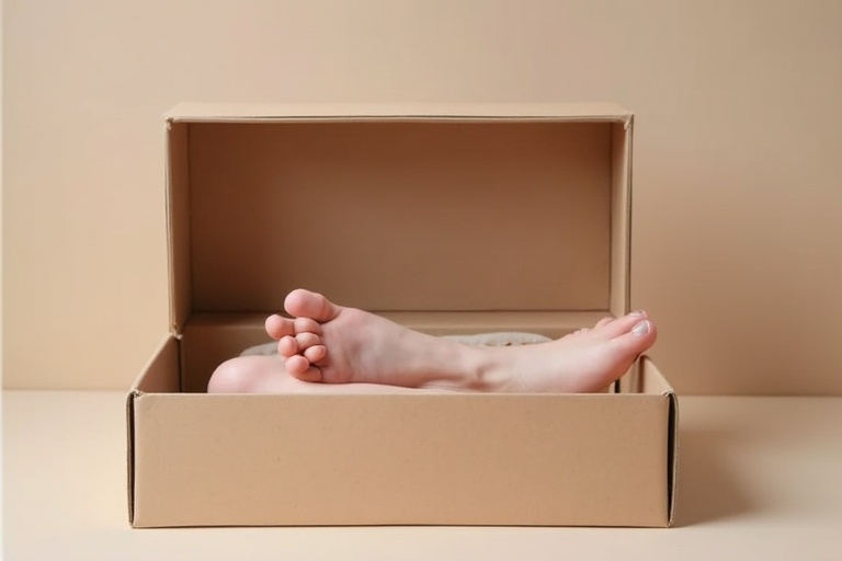 Female feet protruding from the open lid of a cardboard box. The scene features a softly lit, minimalistic background. The box is positioned on a flat surface, emphasizing the feet.