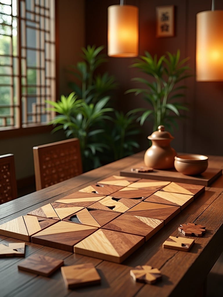 Scene includes hyper realistic tangram puzzles made from exotic wood. Table is centrally placed with a selection of unique puzzles. Asian-themed lighting and decor elements enhance the atmosphere. Lush greenery in the background complements the wooden textures.