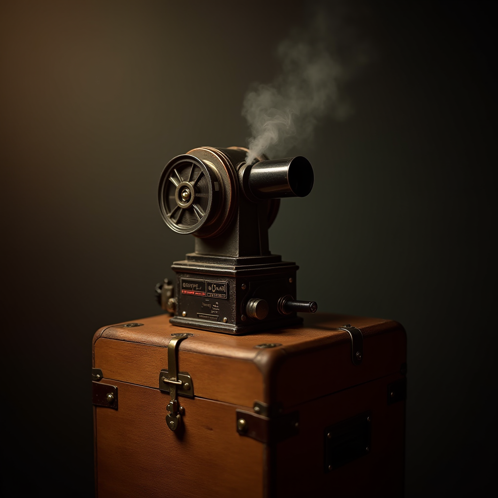 A classic metal projector sits on a wooden box, emitting a subtle ambiance of nostalgia.