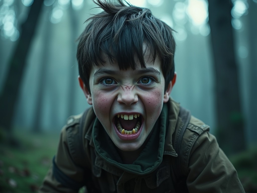 The image captures a boy in a thick forest, displaying an intense and aggressive expression. He has sharp, raptor-like teeth that add to the fierce look on his face. The background is a misty forest, contributing to a mysterious and eerie atmosphere. His messy hair and dirty clothing suggest he has been through an adventure. The photo is taken in a way that highlights his emotions, creating a sense of tension and excitement.