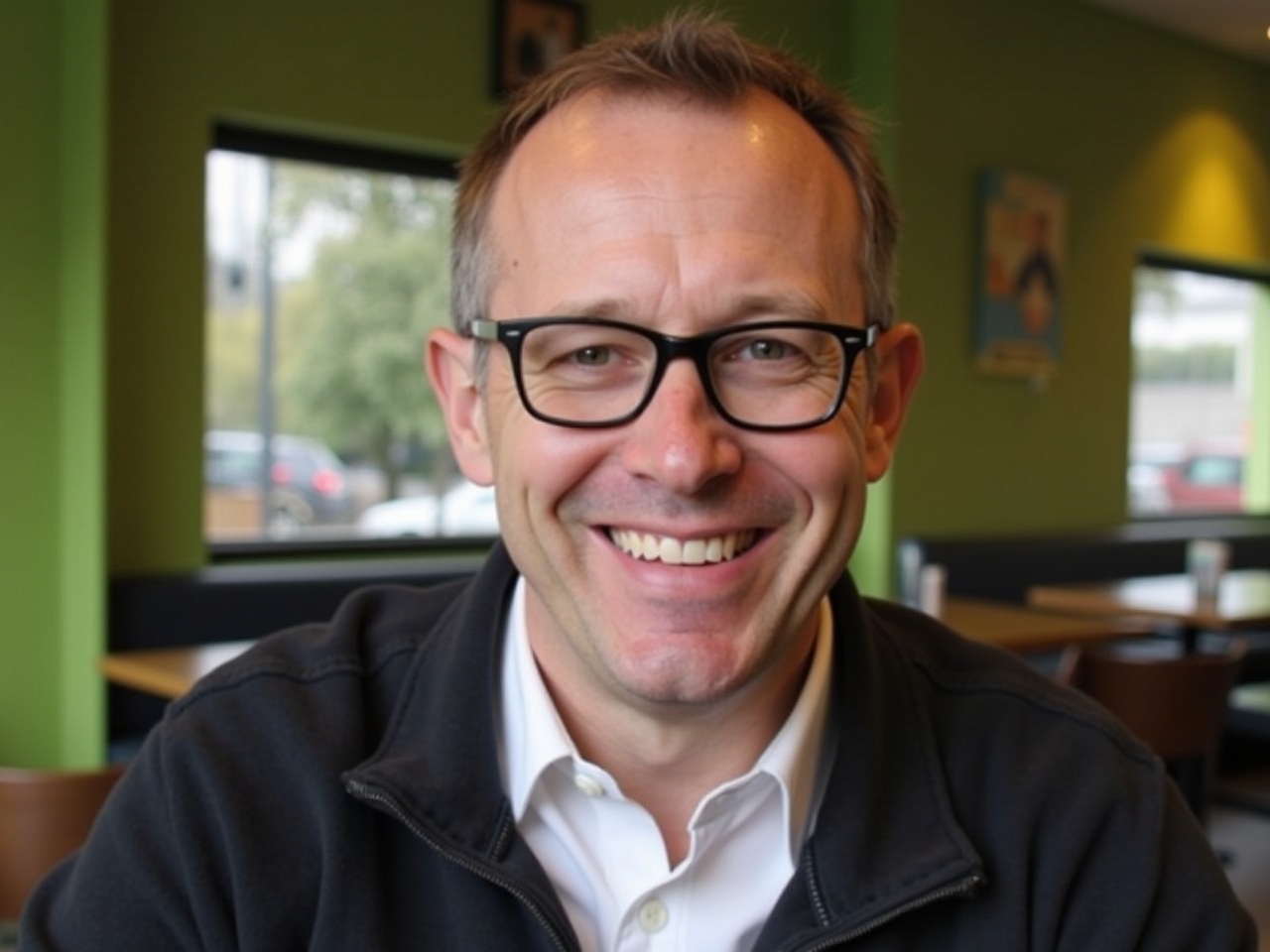 A man is smiling in a well-lit café. He has short hair and is wearing glasses. He is dressed casually in a dark jacket over a white shirt. The background shows green walls and some seating. The atmosphere appears friendly and welcoming.