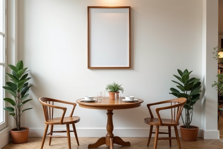 Cozy coffee shop features a round wooden table set with white plates and glasses. Two elegant wooden chairs placed around the table. Small plant pot on the table. Wall displays an empty picture frame. Two potted plants next to the table enhance the atmosphere. Wooden floor adds warmth.