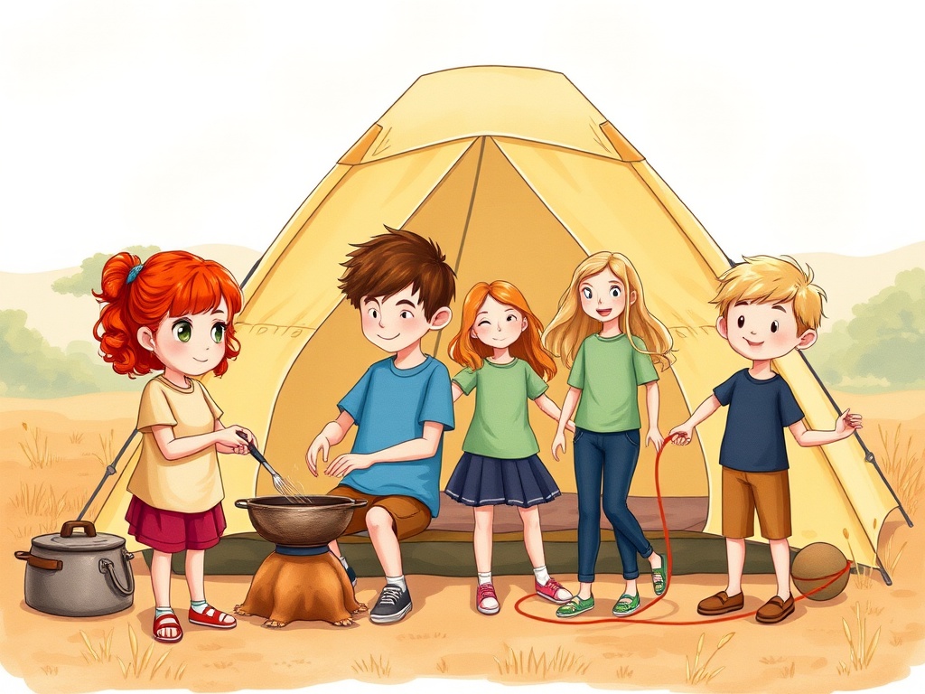 A charming illustration depicting a group of five children gathered around a campsite. They are setting up near a yellow tent, with one child cooking over a fire pit. The scene exudes a sense of camaraderie and adventure, perfect for illustrating stories about friendship or camping.