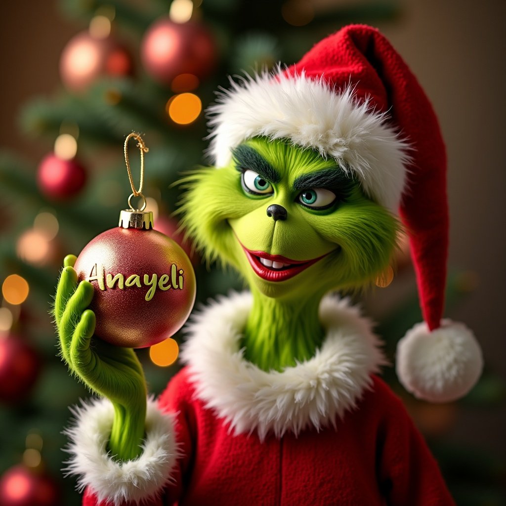 The Grinch smiles holding a Christmas ornament. The Grinch is in a Santa outfit. Background has a decorated Christmas tree with lights.