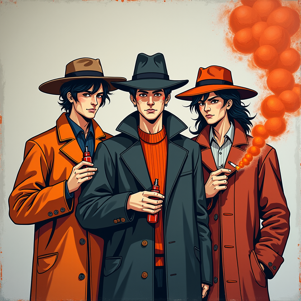 Three stylish individuals in hats holding bottles with orange smoke.