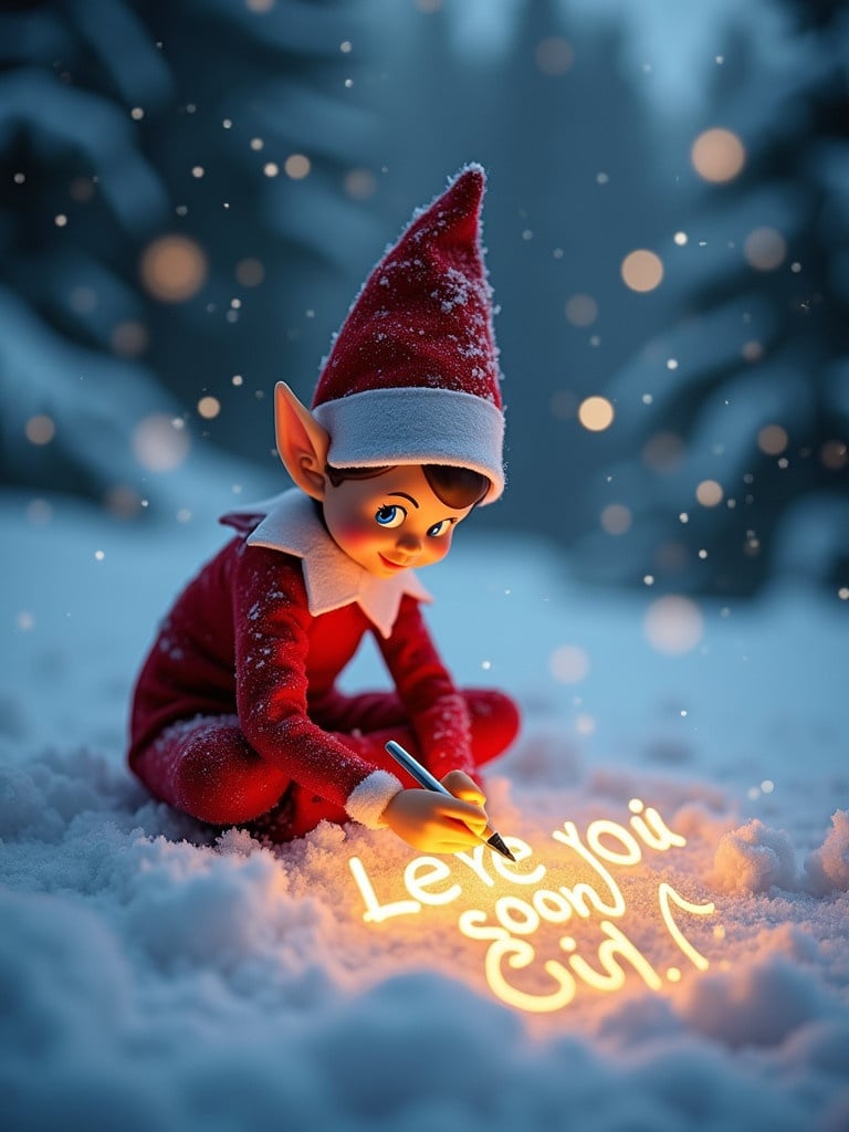 In a magical winter setting an elf dressed in red writes names in the snow with a glowing pen. Soft snowflakes fall around creating an enchanting atmosphere. The scene is softly lit highlighting the elf and the letters. The elf writes See you soon Lydia Lincoln and Lawson.