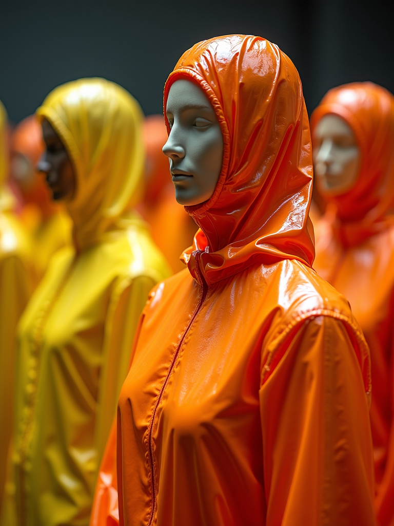 A group of stylized mannequins in bright, glossy hooded outfits, predominantly orange and yellow, arranged in a geometric formation.