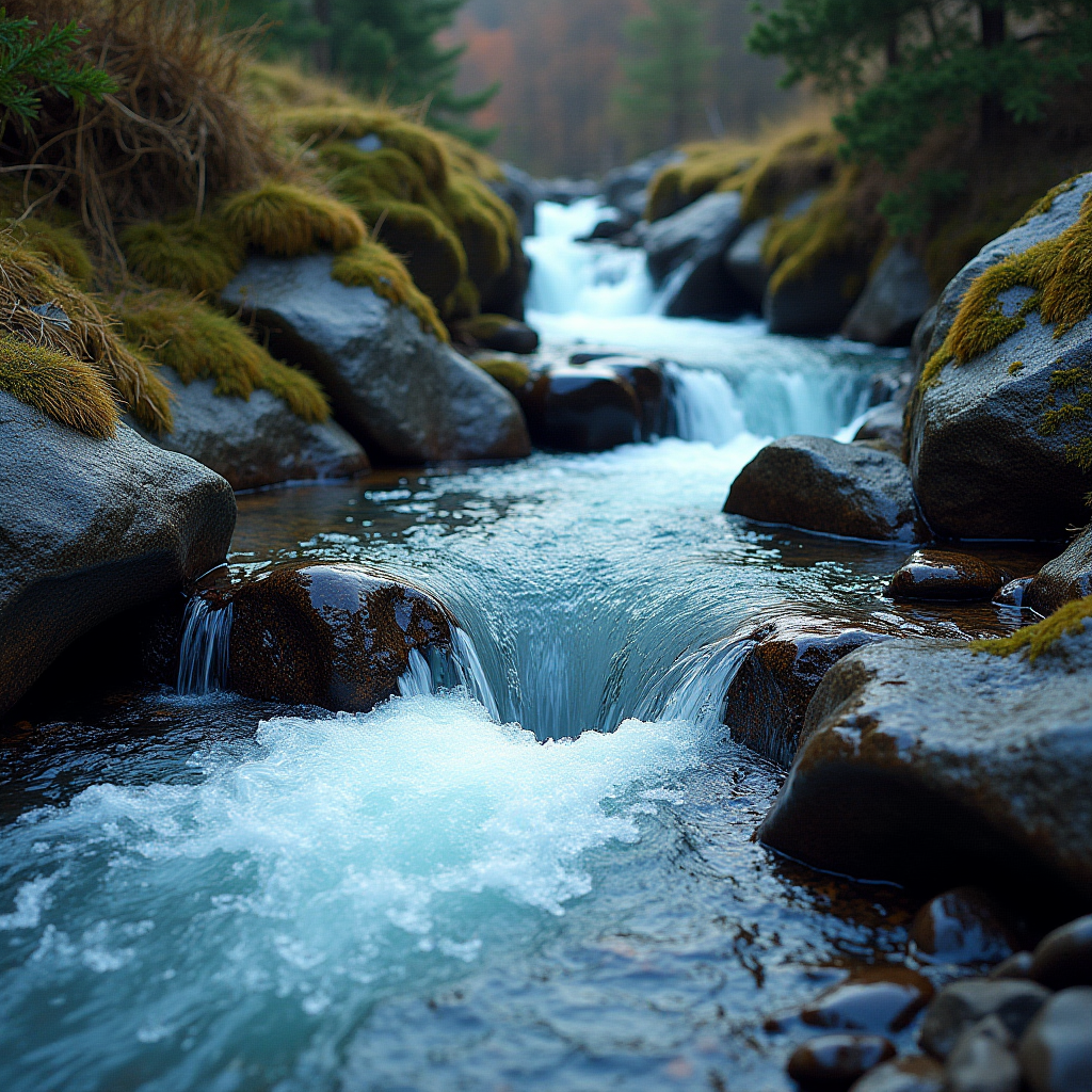 A tranquil scene of a small stream flowing over smooth rocks surrounded by lush greenery.