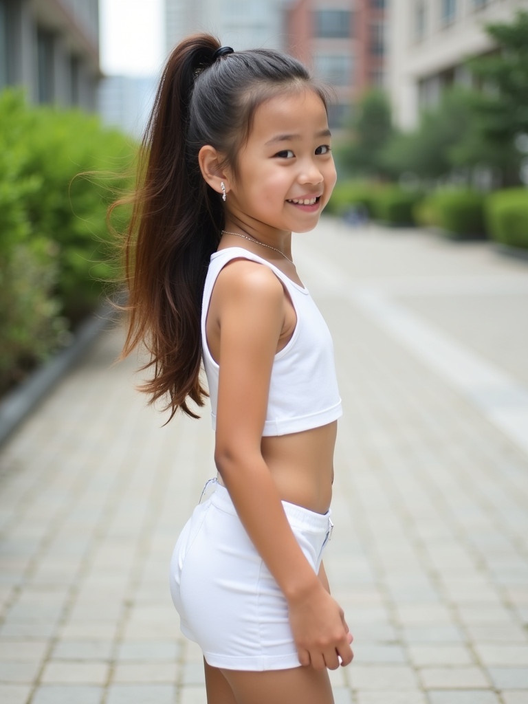 Image features a girl with long hair styled in a ponytail. She wears a two-piece white outfit. The girl stands outside in an urban area. Buildings and greenery are present in the background. The scene conveys a relaxed summery feel.