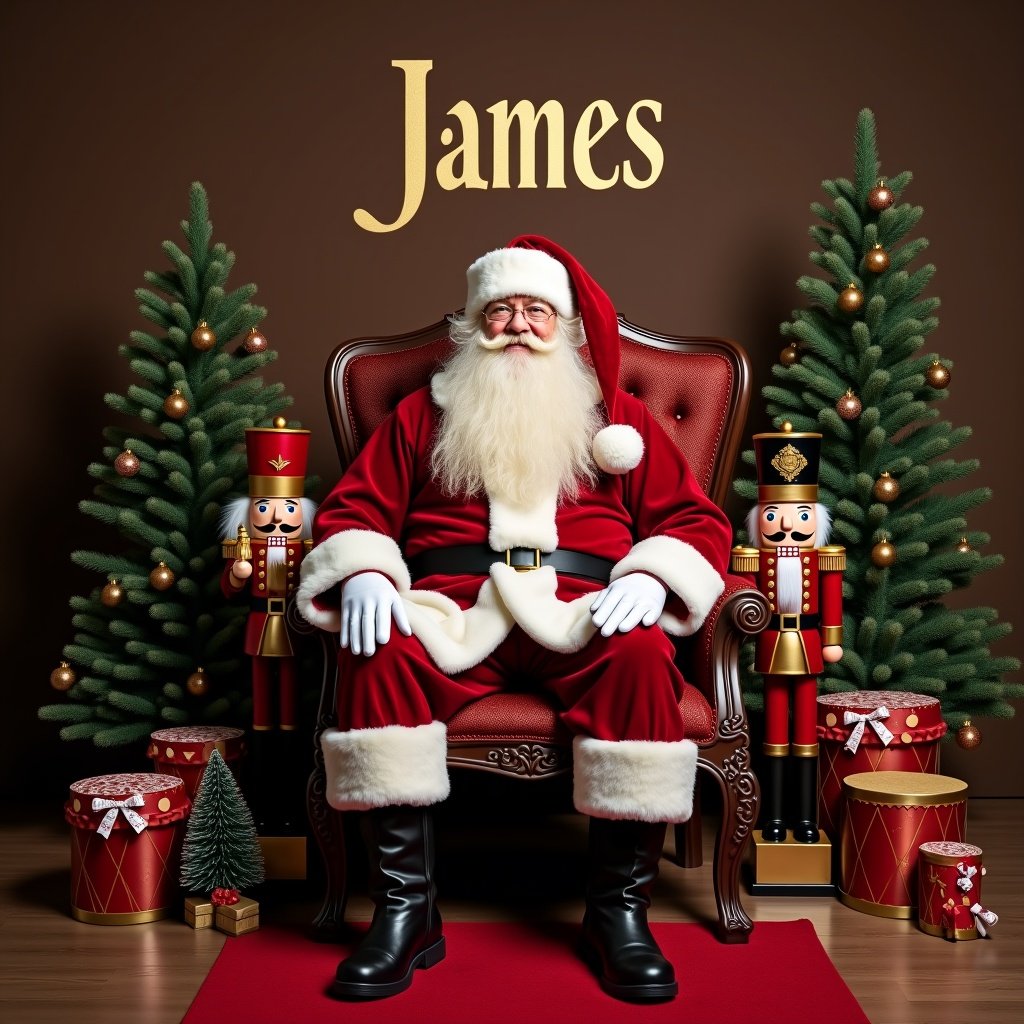 The image features Santa Claus seated comfortably on a regal chair. He is dressed in his traditional red suit with a white beard and black boots, showcasing a jolly expression. Beside him is a nutcracker soldier, and plush Christmas trees are present in the background, adding to the festive ambiance. On the floor, there is a red carpet leading up to Santa, and traditional drum decorations sit nearby. The overall setting is warm and inviting, perfect for the holiday season. Above Santa is a name floating in the air 'James'.