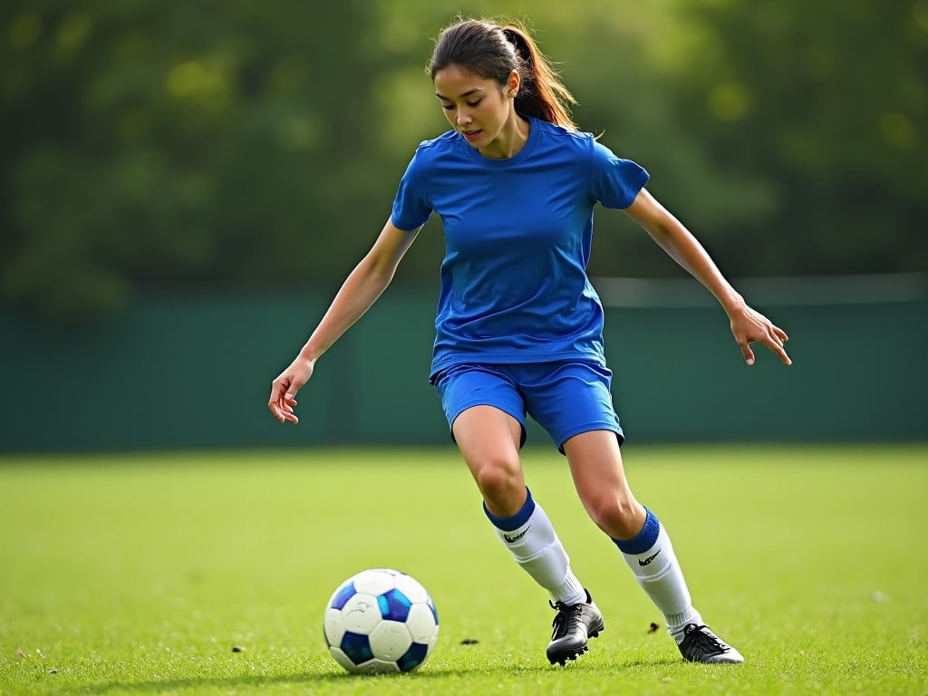 This image captures a woman in action on a soccer field. She is dressed in a blue jersey and blue shorts, showcasing her athleticism. Her expression and posture convey determination as she skillfully maneuvers the soccer ball. The vibrant green field in the background enhances the overall dynamic of the scene. This image exemplifies the spirit of sports and fitness, suitable for various promotional materials.