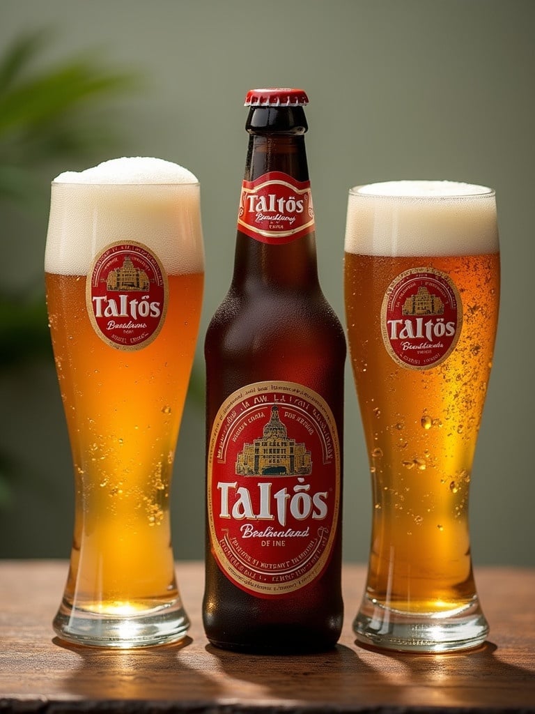 Showcase of Táltos beer with two glasses on a wooden table. Bottle is centered, with beer frothing over the glasses. Focus on the beer's color and branding.