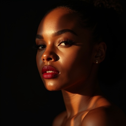 A portrait of a Trinidad woman with soft light and shadows. Flawless skin glows under warm sunlight. Rich red lips contrast with natural complexion. Black background enhances scene's drama. The image showcases elegance and serene beauty with light and skin interplay.