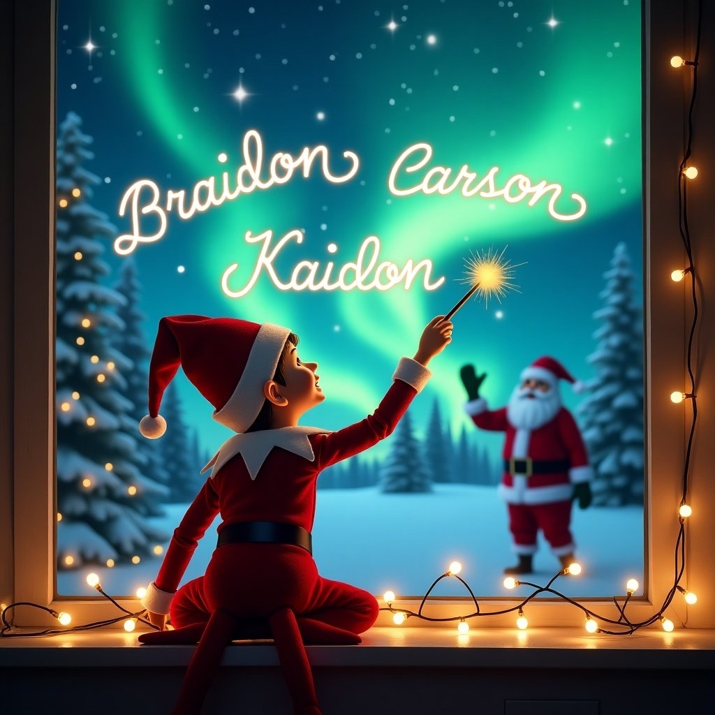 An enchanting Christmas scene with an elf using a magical wand. The elf faces the night sky, joyfully writing names. Northern Lights illuminate the background. Santa Claus is visible, adding to the festive feeling. Twinkling string lights enhance the holiday charm. Captures joy and wonder of the season.