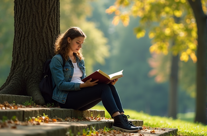 A young woman reads a book while sitting on stone steps, surrounded by a tranquil autumn park.