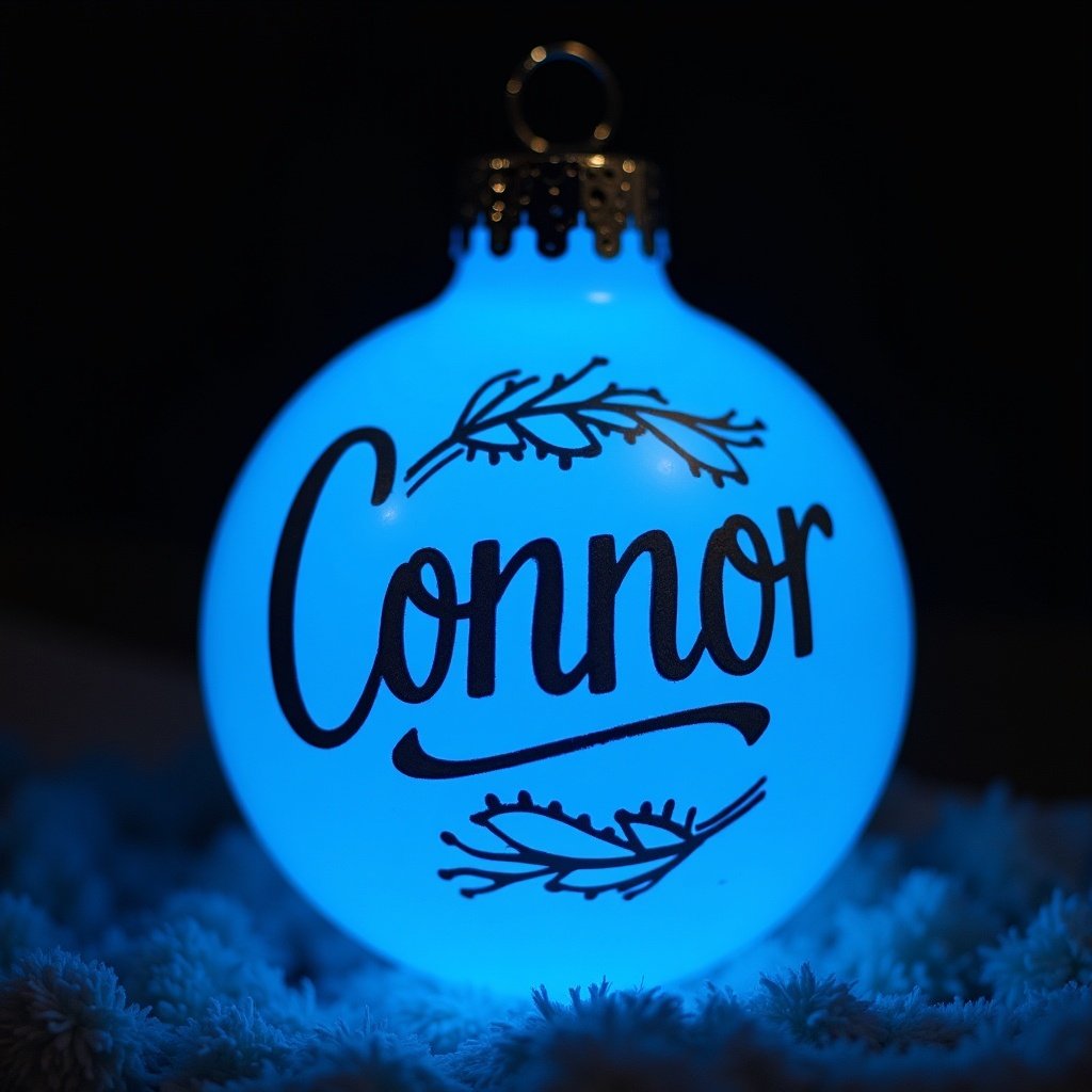 A glowing blue bauble features the name Connor. The design includes decorative elements. The background is dark, emphasizing the bauble's glow.