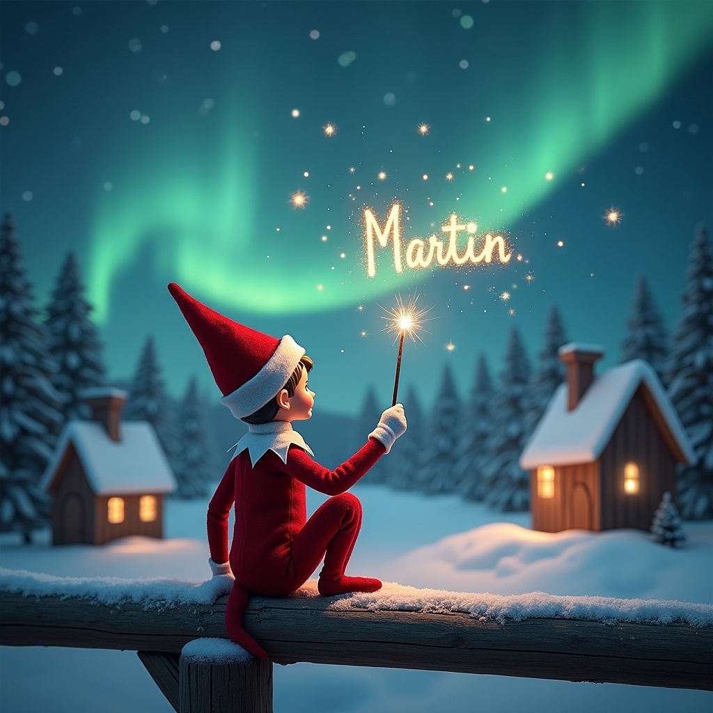 An elf sits on a wooden ledge with its back to the camera, gazing at a magical sky. The elf, dressed in a red outfit with a pointed hat, holds a sparkling wand. With the wand, the elf elegantly writes the name 'Martin' in the starry sky. The background features a snowy landscape with charming little houses and evergreen trees under the shimmering Northern Lights. This whimsical scene captures the essence of childhood magic and Christmas cheer.