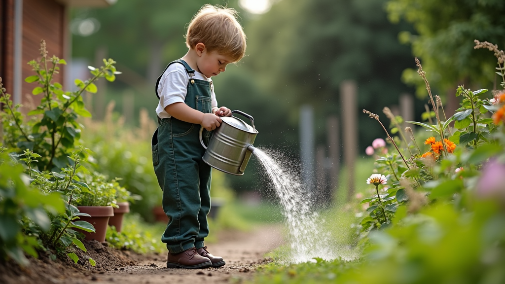 A child in green overalls waters plants in a sunlit garden path lined with vibrant flowers.