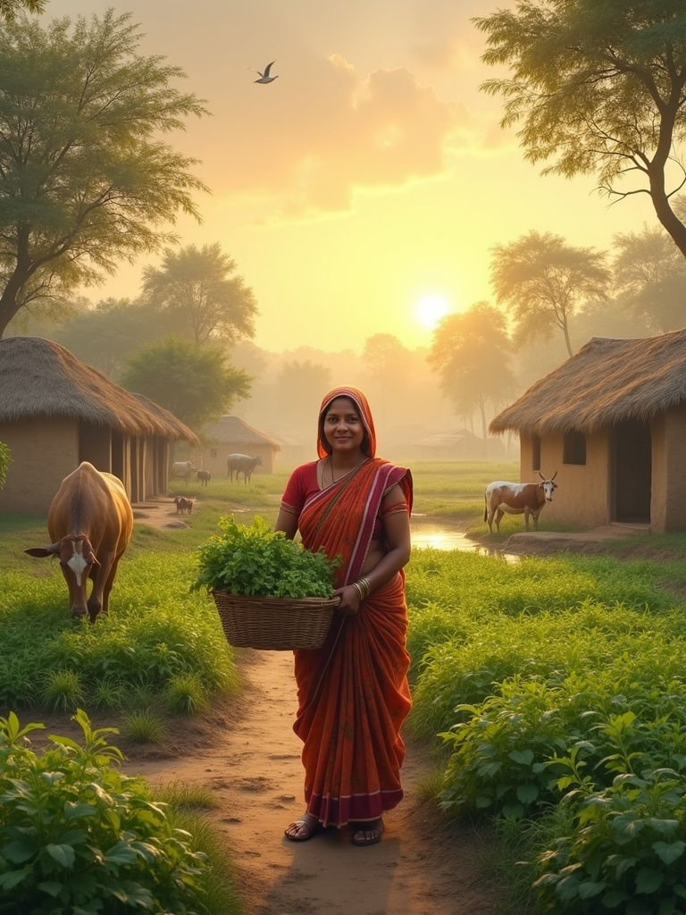 A serene rural village scene features a hardworking woman dressed in traditional Indian attire. She stands in front of her lush green farm, holding a basket of freshly harvested vegetables. The background shows small mud houses and grazing cows. A calm river flows nearby. The atmosphere is peaceful with a golden sunrise and gentle breezes stirring the trees. Birds fly in the sky.