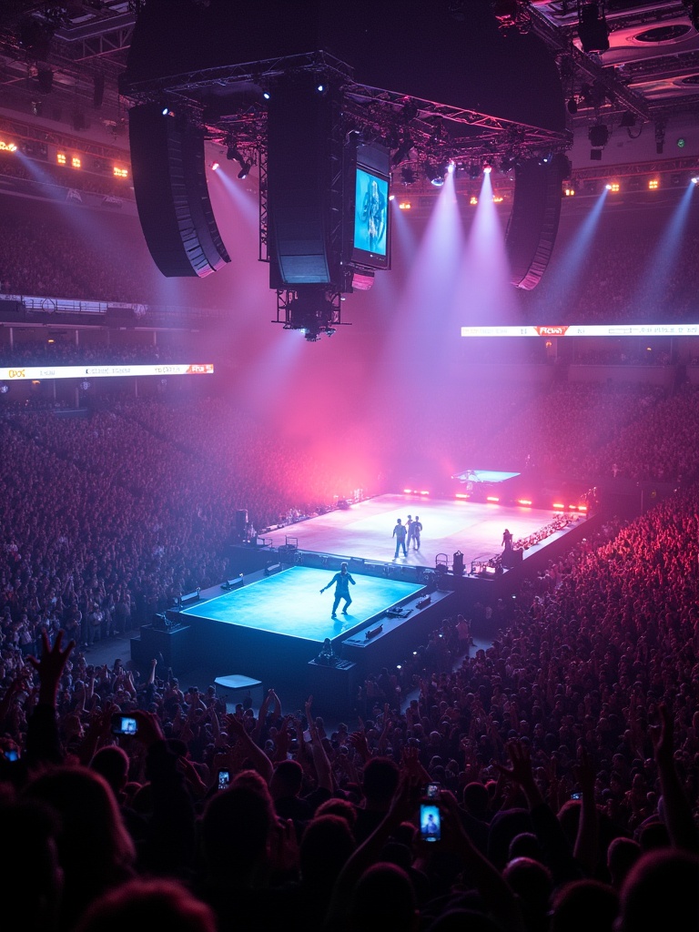 Travis Scott performs at Madison Square Garden. A 360 concert stage setup can be seen. The view is captured from a drone. The large crowd creates an energetic atmosphere.