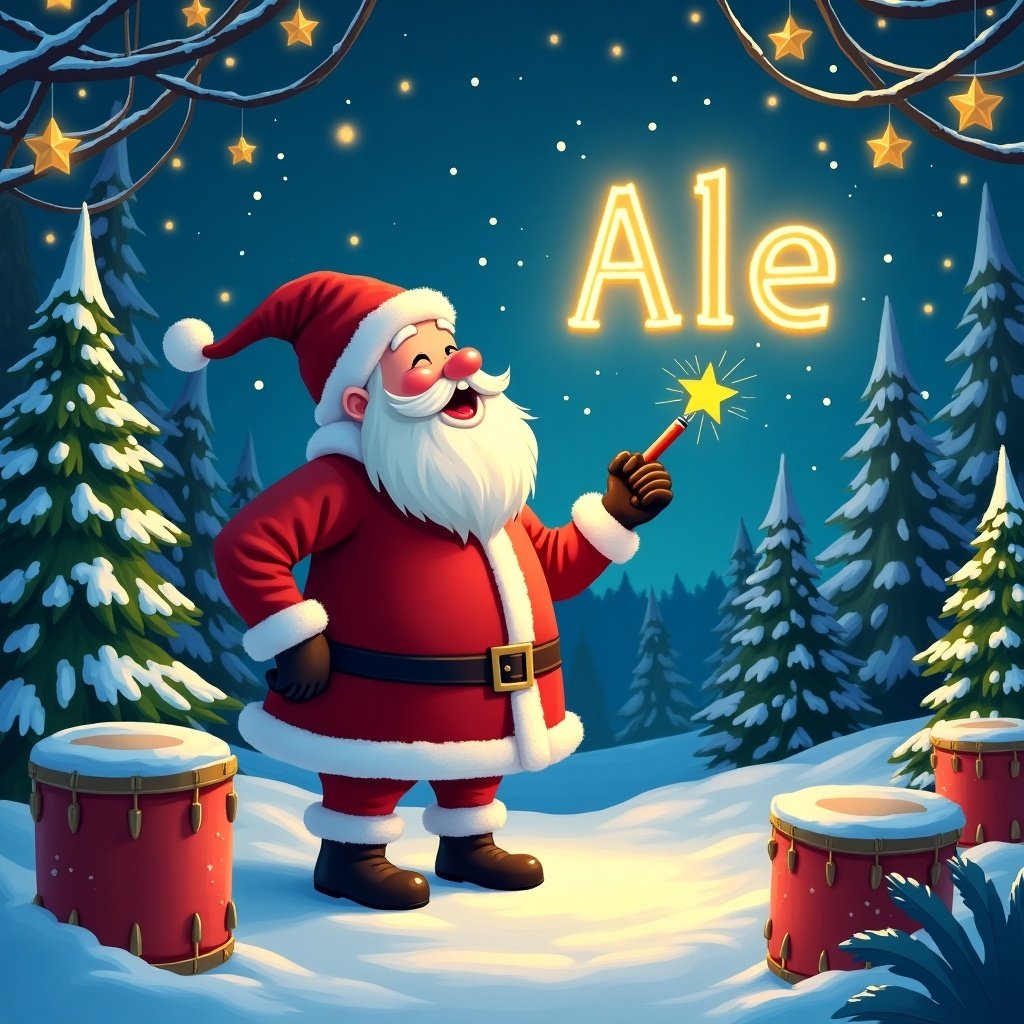 Magical winter landscape with Santa Claus, lush evergreen trees with snow, brightly colored drums, sparkling stars in the sky, festive ambiance, Santa joyfully writing 'Ale' in glowing letters with a magical pen, cozy holiday spirit.