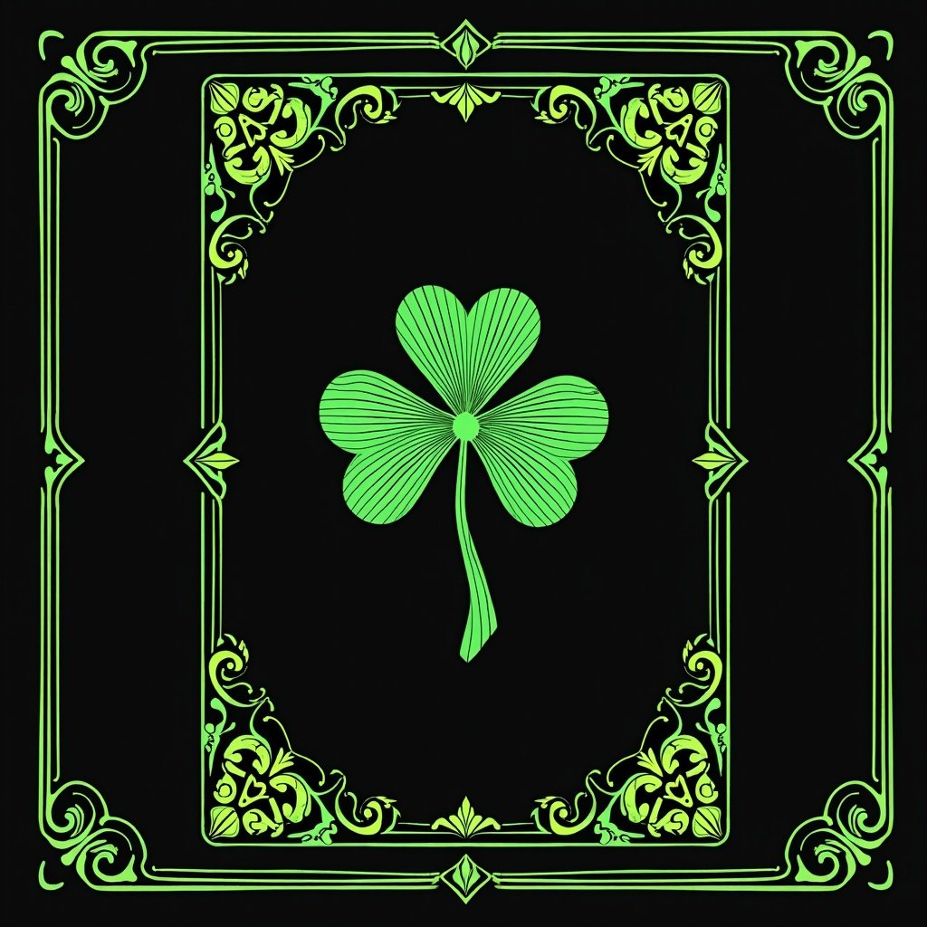 Design a grimoire cover. Black background with green elements. Include a four-leaf clover design. Add decorative borders inspired by fantasy art.