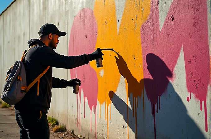 A graffiti artist spray-paints a colorful mural on a wall, blending yellow and pink hues.