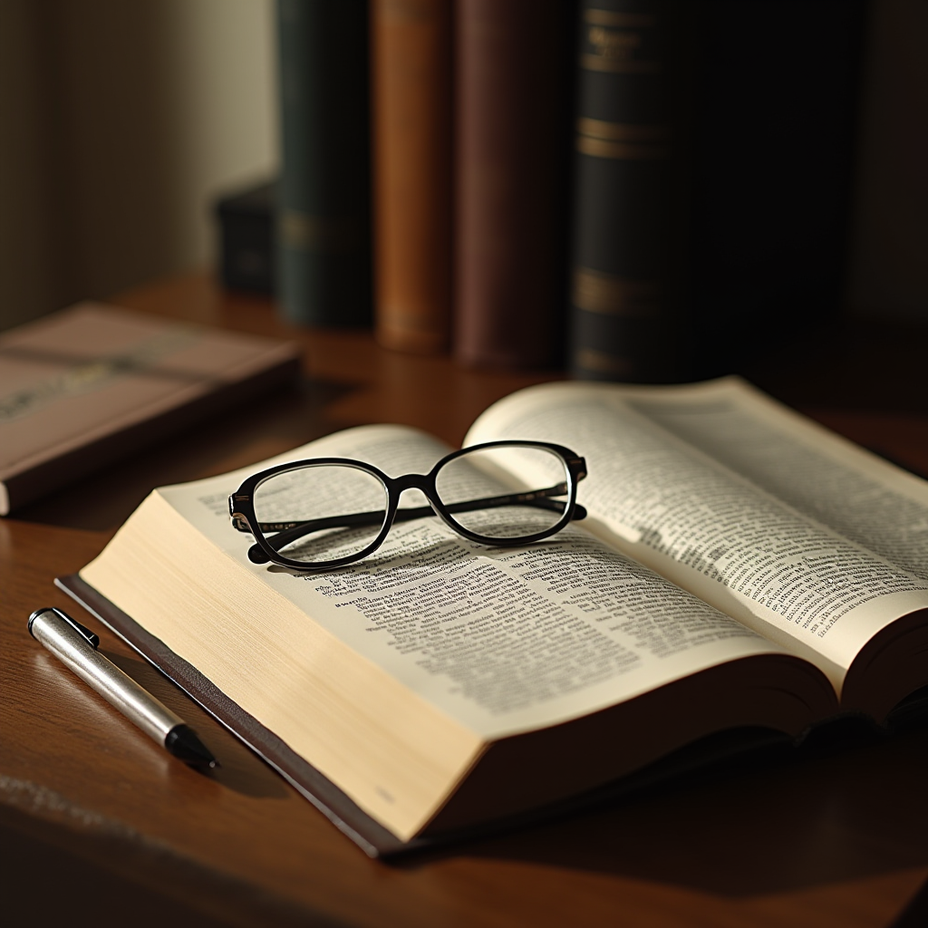 A pair of glasses and a pen rest on an open book, with more books in the background.