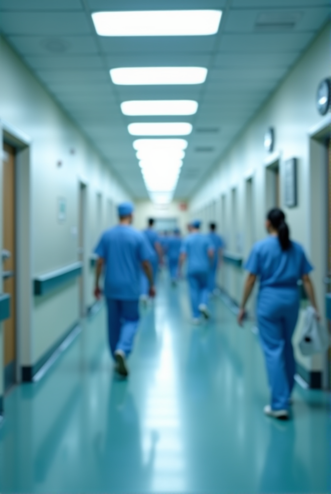 Healthcare professionals in scrubs walk down a bright hospital corridor.