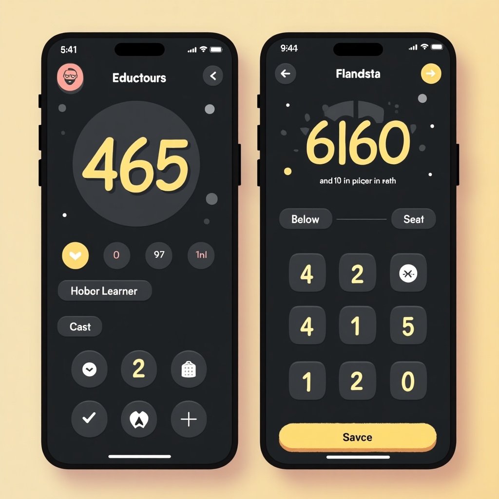 UI design of a mobile math education app. Black color scheme with light accents. Features numerical displays, buttons, and a friendly layout. Simple and cute design elements.