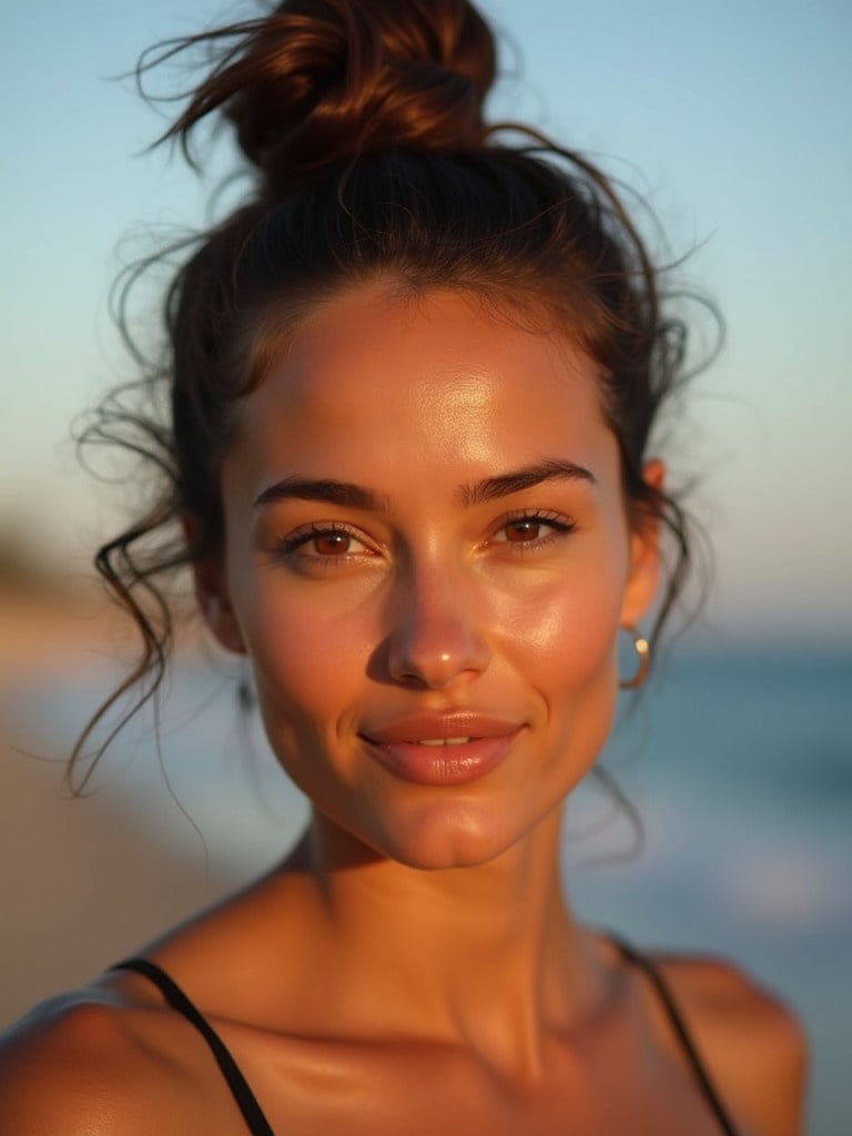 A woman with a sun-kissed complexion. Hair styled in a messy top knot. Confident gaze reflecting a relaxed vibe. Soft ambient light highlights her features. Serene beach background.