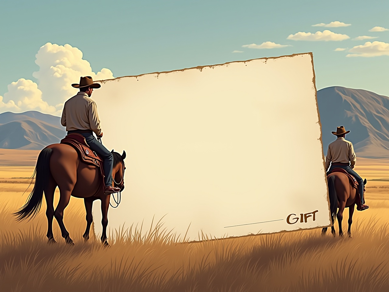 The image showcases two cowboys on horseback, gazing at a large blank canvas. They are situated in a vast rural landscape, with golden grass swaying in the wind and distant mountains. The backdrop is serene, hinting at either dawn or dusk, with soft colors illuminating the scene. This canvas is intended for a 'Gift' theme, suggesting it's ready for customization. The overall feeling evokes adventure and the spirit of the West, ideal for invitations or artwork.