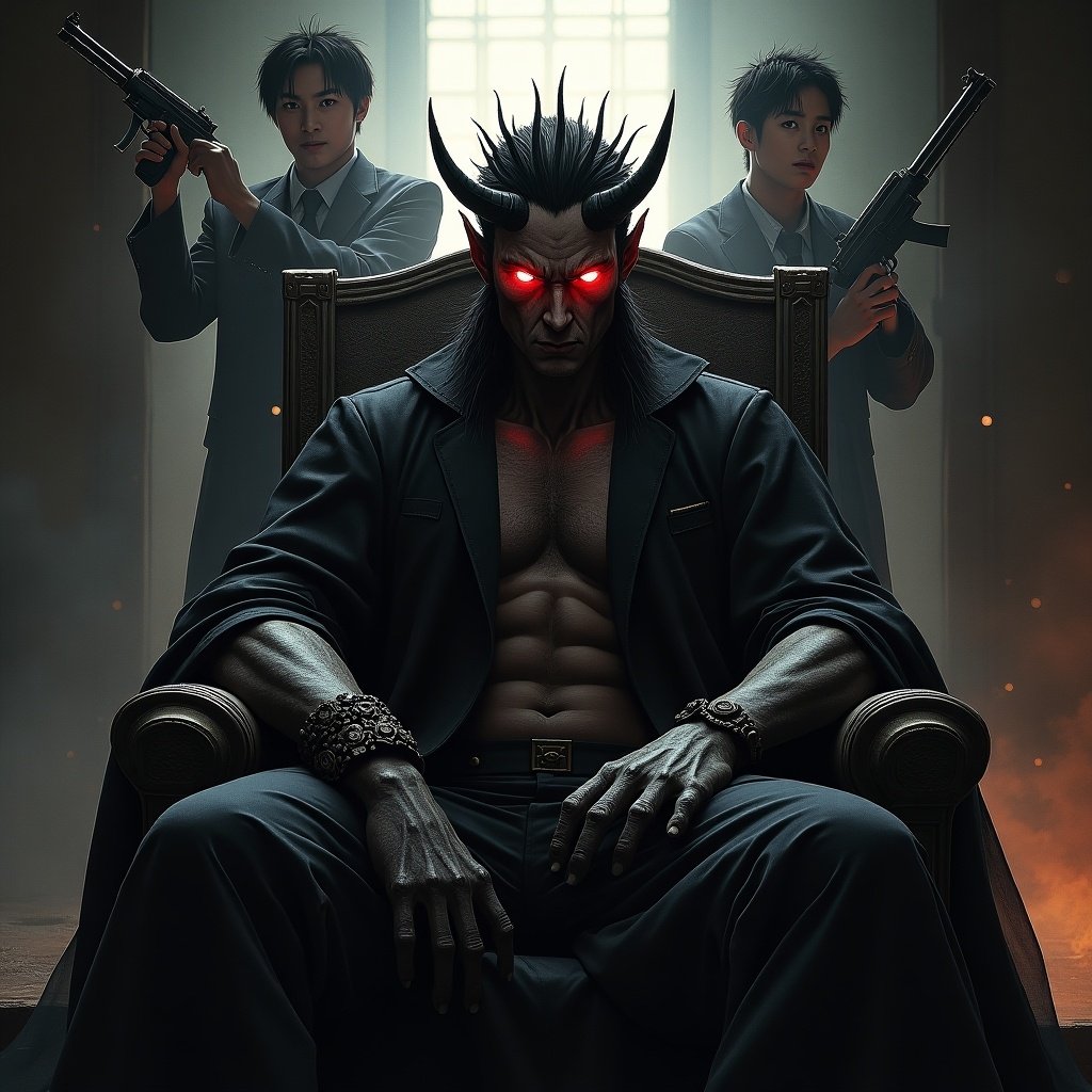 Manhwa book cover features demon lord on throne. Eerie dark scene. Humanoid with human skin. Young man in background holds guns. Demon king's eye glows red. Title 'Killer Reincarnated as Demon Lord.'