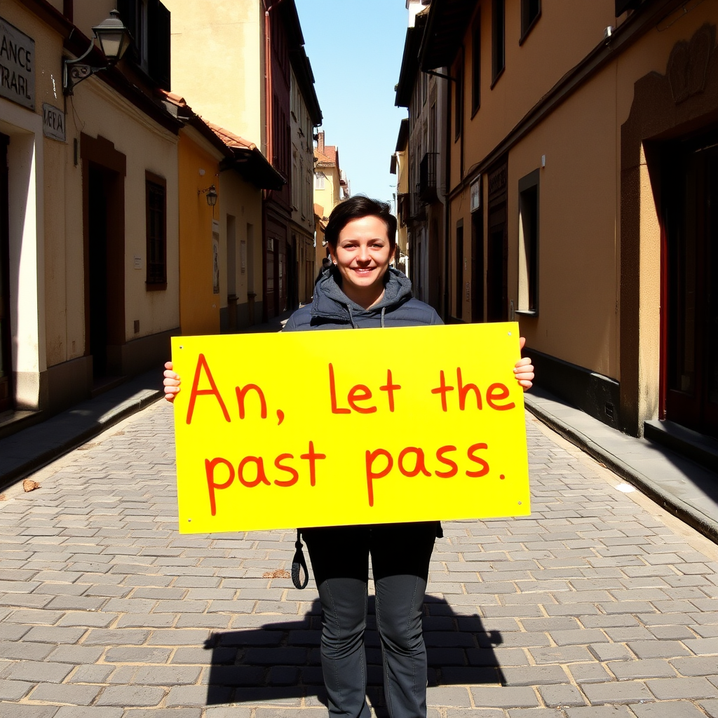 A person is standing on a narrow cobblestone street lined with buildings, holding a bright yellow sign that reads 'An, Let the past pass.'