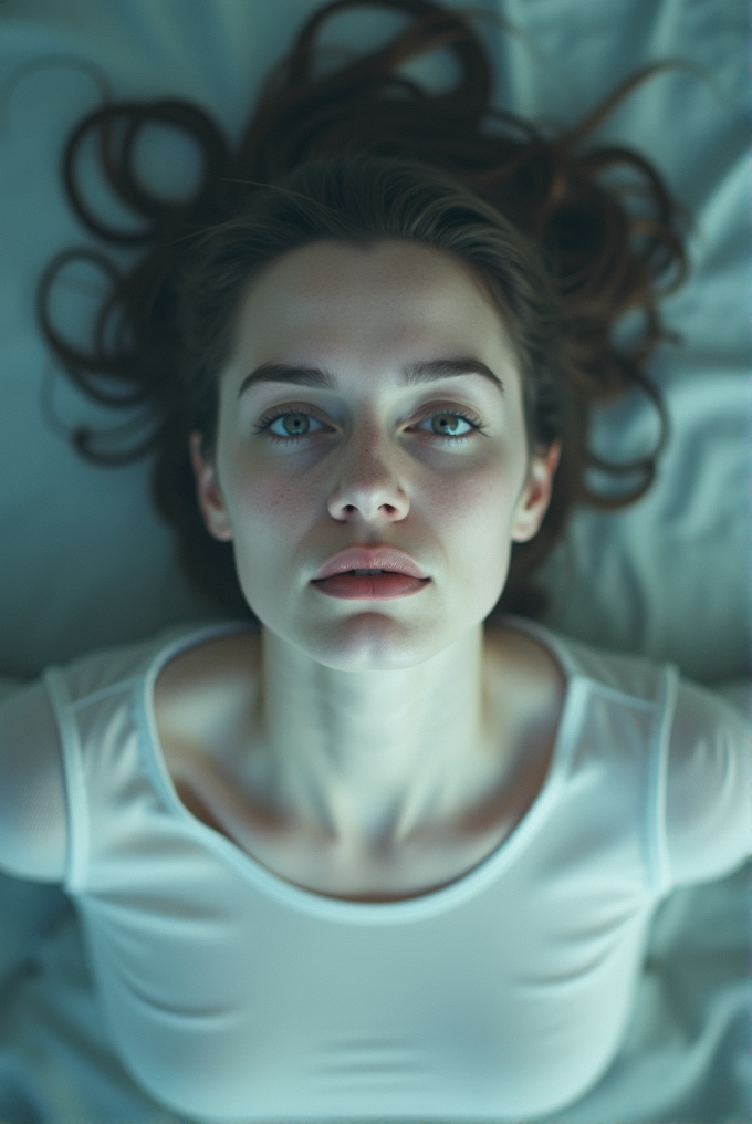 A woman with loose hair lies on a bed, gazing upwards with a serene expression, dressed in a white top, creating a calm and intimate atmosphere.