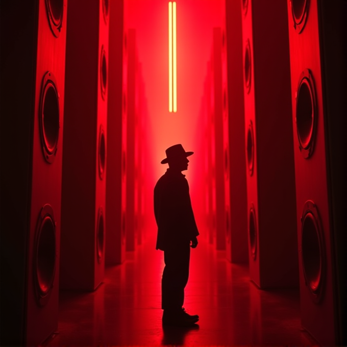 A silhouette of a man in a hat stands amidst towering speakers bathed in dramatic red lighting.