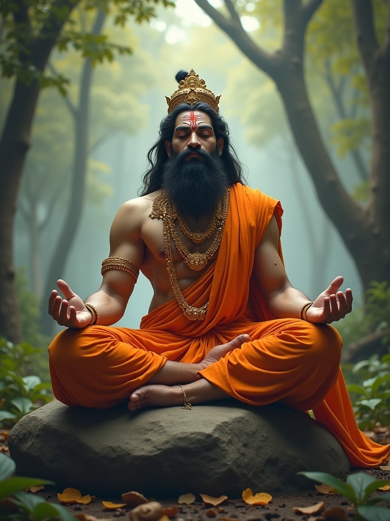 A digital painting of a Hindu deity sitting in a meditative posture on a rock. The deity wears an orange robe and intricate gold ornaments. The setting is a peaceful forest with soft lighting. The scene evokes tranquility and spirituality.