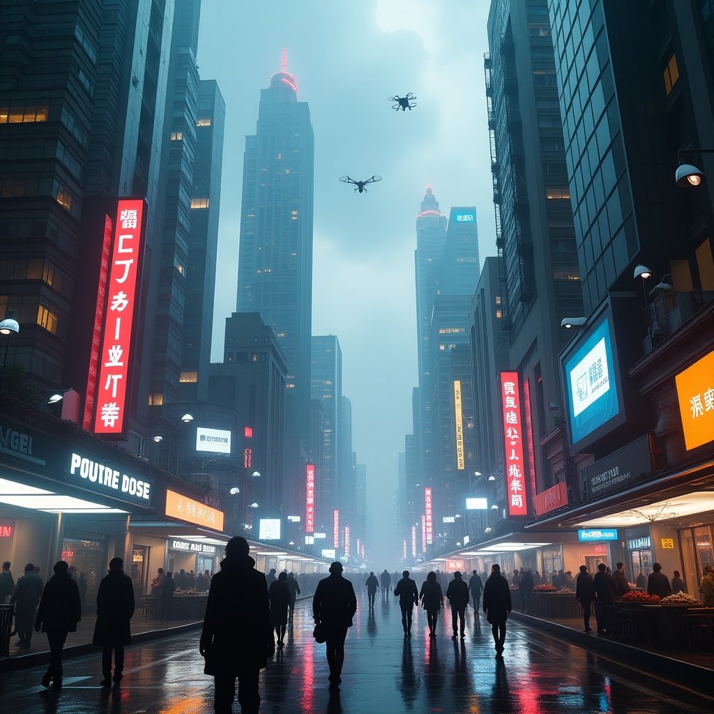 Futuristic urban landscape filled with activity. Tall skyscrapers with bright neon lights rise under a moody, cloudy sky. People walk on wet streets reflecting colorful lights. Drones are visible in the sky. Scene blends technology and urban life, creating an immersive atmosphere.